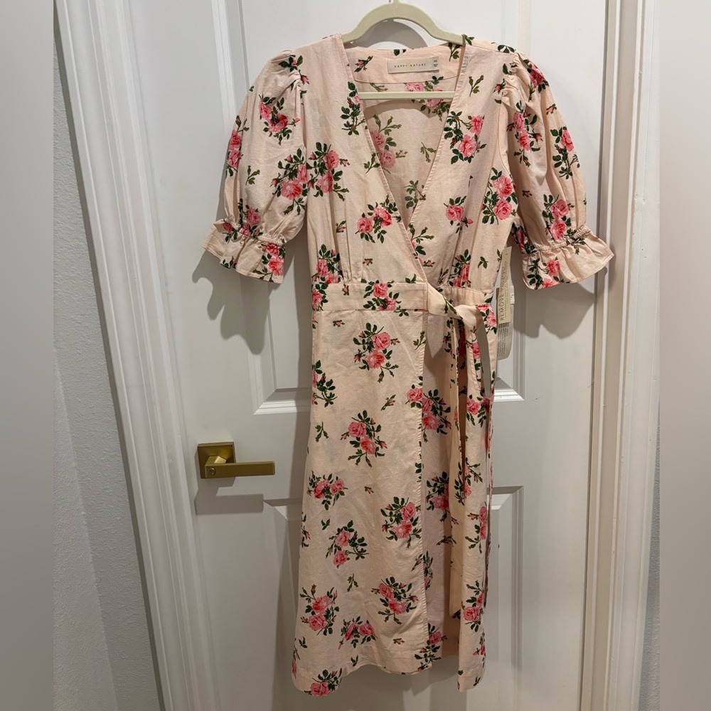 NWT Happy x Nature Kate Hudson Pink Floral Puff Sleeve Wrap Midi Dress XS